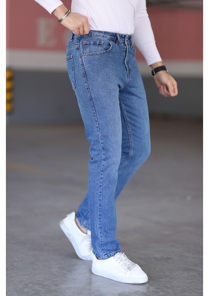 Erkek Regular Fit Kalıp Mavi Kot Normal Bel Likralı Kalın Kumaş