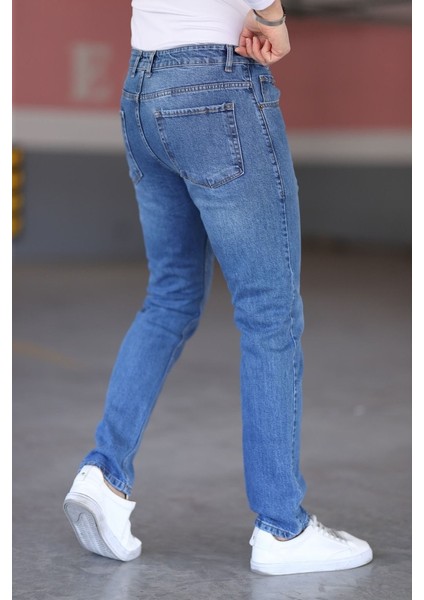 Erkek Regular Fit Kalıp Mavi Kot Normal Bel Likralı Kalın Kumaş