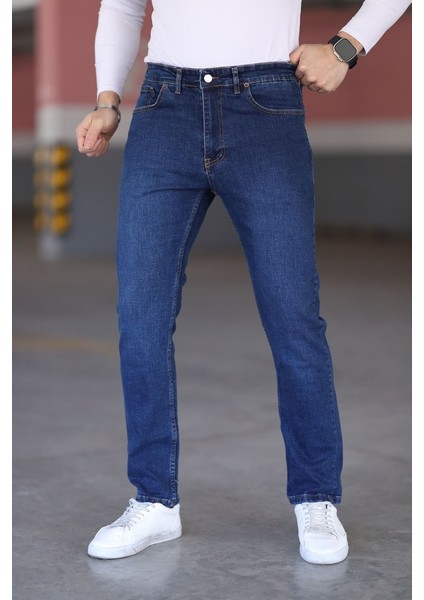 Erkek Regular Fit Kalıp Mavi Kot Normal Bel Likralı Kalın Kumaş