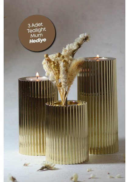 3 Lü Gold Krom Tırtıklı Yüzey Mumluk Dekoratif Tealight Set Mum Abs Plastik Altın