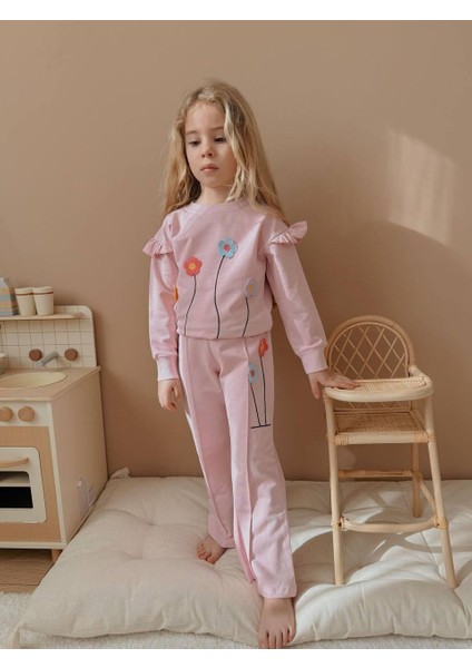 Yigit Butik Çiçek Nakışlı Fırfırlı Kız Çocuk Alt Üst Takım modelleri