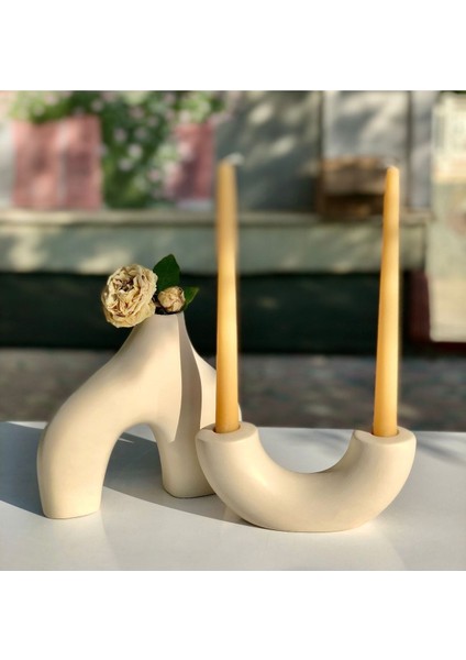 Bej Bipod Dekor Vazo & Bej Şamdan-Mumluk 2’li Set