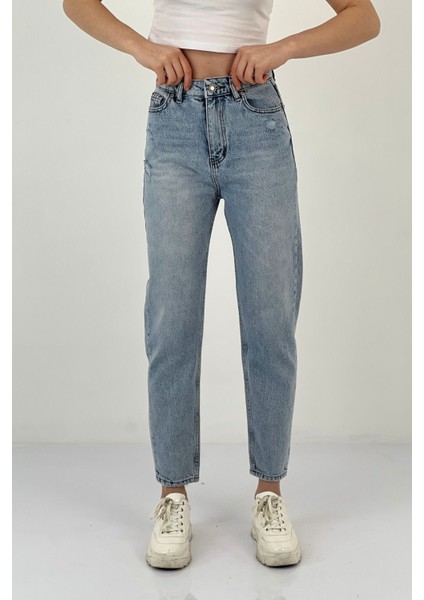 Kadın Klasik Bol Paça Mom Jeans Mavi Kot Pantolon