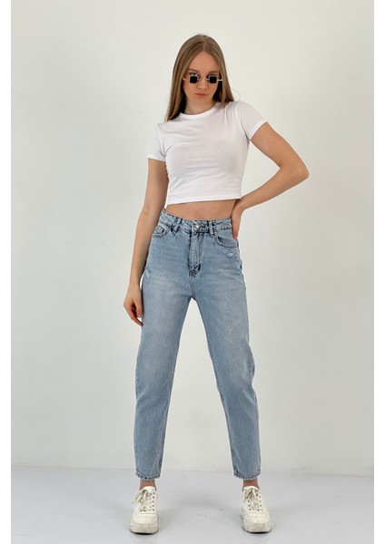 Kadın Klasik Bol Paça Mom Jeans Mavi Kot Pantolon fiyatları