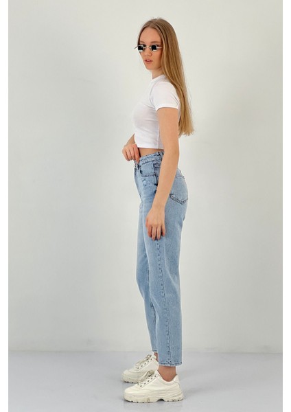 Kadın Klasik Bol Paça Mom Jeans Mavi Kot Pantolon modelleri