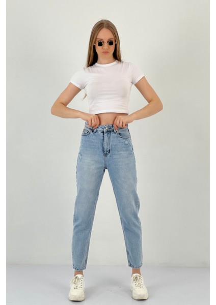 Kadın Klasik Bol Paça Mom Jeans Mavi Kot Pantolon fırsatları