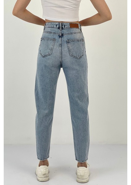 Kadın Klasik Bol Paça Mom Jeans Mavi Kot Pantolon indirimleri