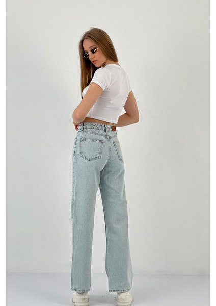 Kadın Wide Leg Taşlı Jeans Baggy Fit Buz Mavi Kot Pantolon indirimleri