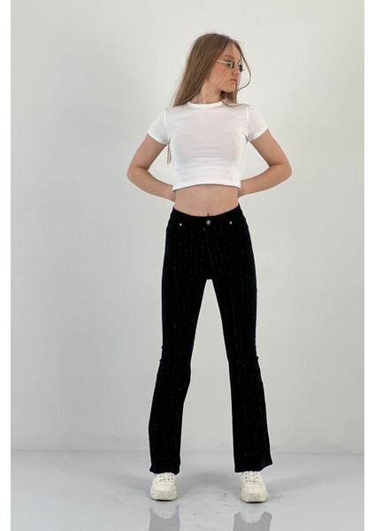 Kadın Taşlı Jeans Bol Ispanyol Paça Siyah Kot Pantolon fırsatları