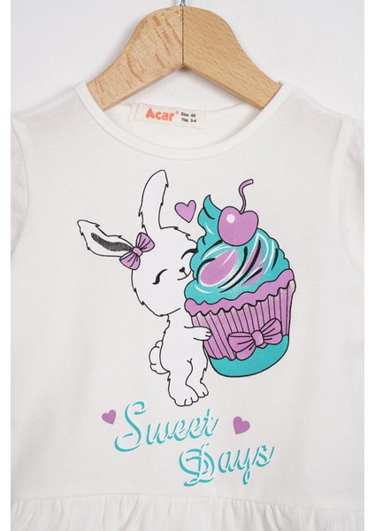Bisiklet Yaka Kısa Kol Sweet Days Baskılı Ekru Renk Kız Çocuk Taytlı Takım