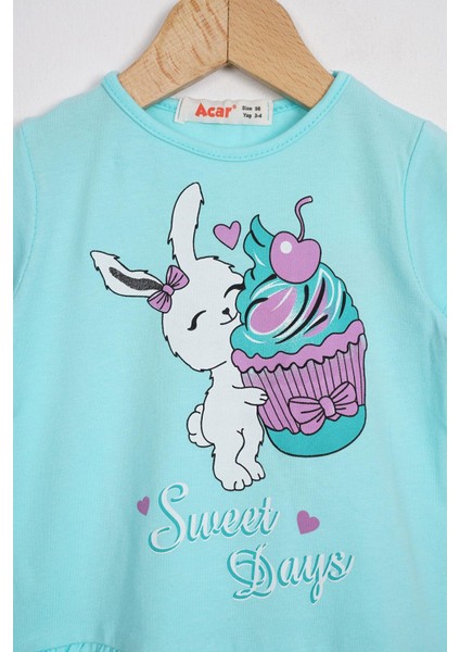 Bisiklet Yaka Kısa Kol Sweet Days Baskılı Mint Renk Kız Çocuk Taytlı Takım