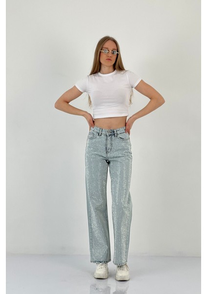 Kadın Wide Leg Taşlı Jeans Baggy Fit Buz Mavi Kot Pantolon