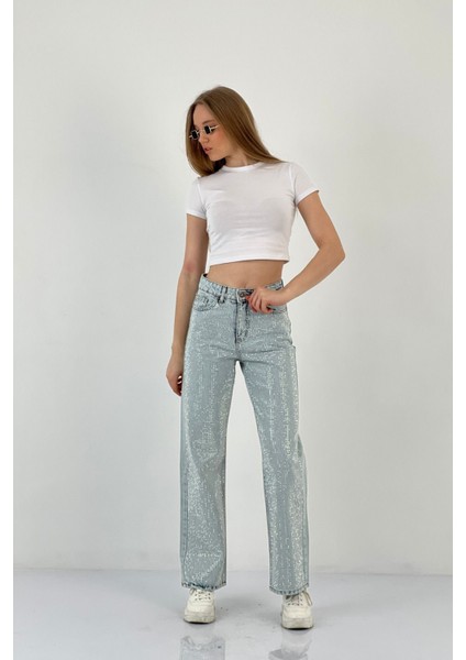 Kadın Wide Leg Taşlı Jeans Baggy Fit Buz Mavi Kot Pantolon
