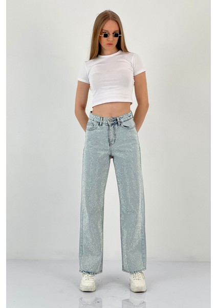 Kadın Wide Leg Taşlı Jeans Baggy Fit Buz Mavi Kot Pantolon