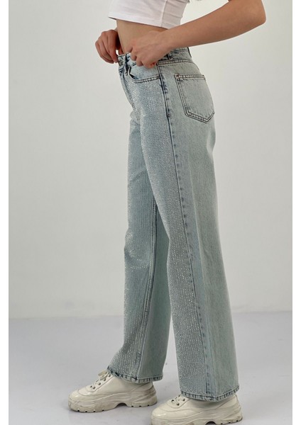 Kadın Wide Leg Taşlı Jeans Baggy Fit Buz Mavi Kot Pantolon