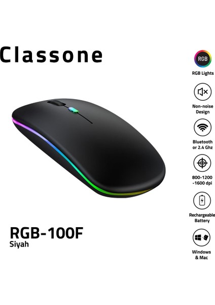 RGB-100F Rgb Işıklı, Efektli, Silent-Sessiz,rf Kablosuz, Bluetooth Mouse - Siyah