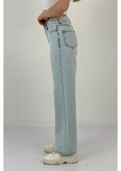 Kadın Straight Bol Paça Jeans Baggy Fit Buz Mavi Kot Pantolon fiyatları
