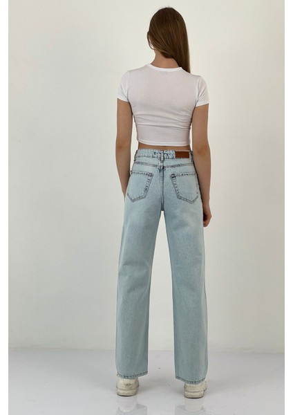 Kadın Straight Bol Paça Jeans Baggy Fit Buz Mavi Kot Pantolon fırsatları