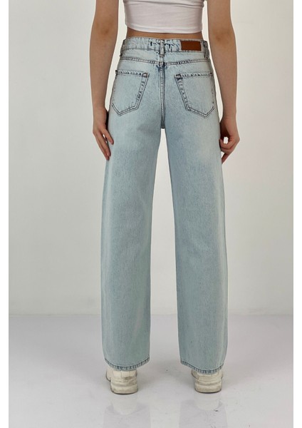 Kadın Straight Bol Paça Jeans Baggy Fit Buz Mavi Kot Pantolon indirimleri