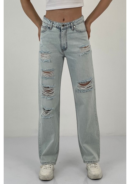 Kadın Yırtıklı Bol Paça Jeans Palazzo Buz Mavi Kot Pantolon