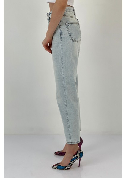 Kadın Bol Paça Mom Jeans Buz Mavi Kot Pantolon fırsatları