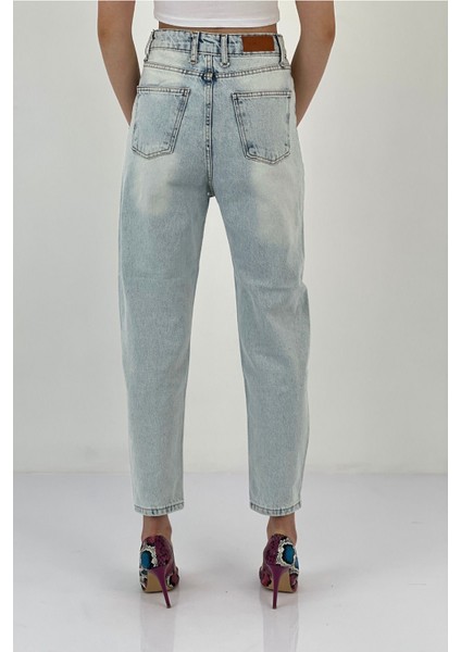 Kadın Bol Paça Mom Jeans Buz Mavi Kot Pantolon indirimleri