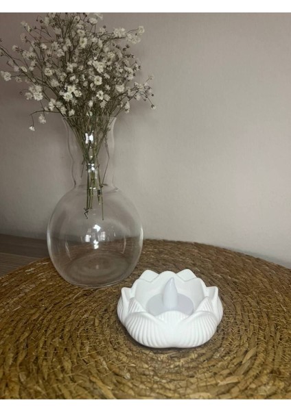 Beyaz Çiçek Mumluk, Lotus Mumluk, Ogranizer, Dekoratif Obje, LED Mum Hediye