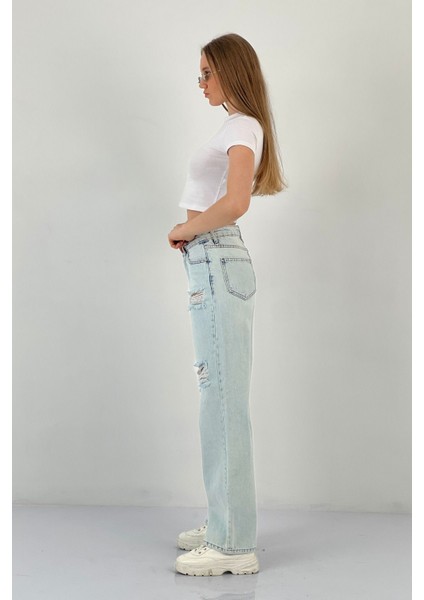 Kadın Yırtıklı Bol Paça Jeans Palazzo Buz Mavi Kot Pantolon modelleri