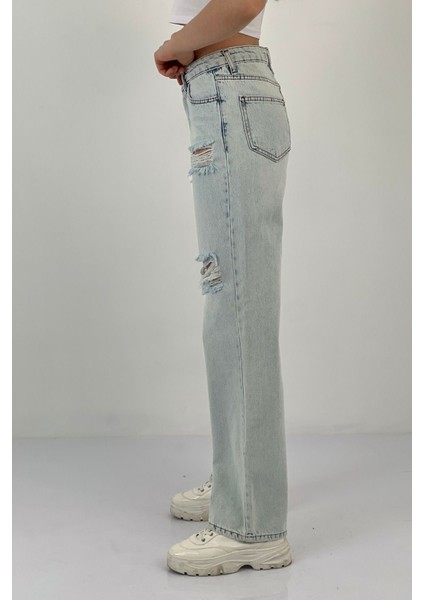 Kadın Yırtıklı Bol Paça Jeans Palazzo Buz Mavi Kot Pantolon fırsatları