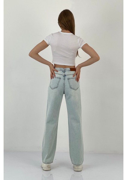 Kadın Yırtıklı Bol Paça Jeans Palazzo Buz Mavi Kot Pantolon indirimleri