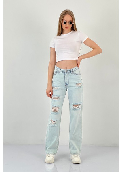 Kadın Yırtıklı Bol Paça Jeans Palazzo Buz Mavi Kot Pantolon fiyatları