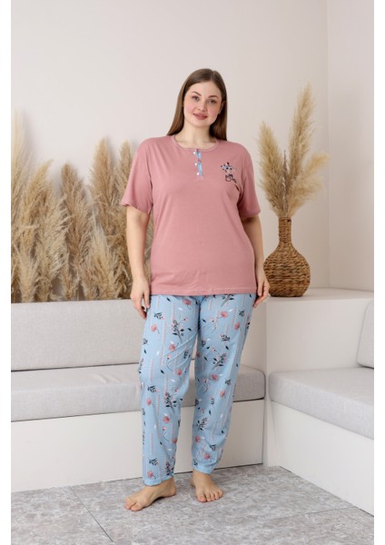 %100 Pamuk Büyük Beden Kısa Kol Kadın Pijama Takımı