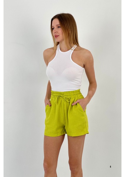 Kadın Yazlık Beli Lastikli Rahat Mini Yeşil Şort