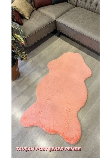 Tavşan Tüyü Pembe Yumuşak Makinada Yıkanabilir Kaymaz ve Toplanmaz Süet Taban Post Halı