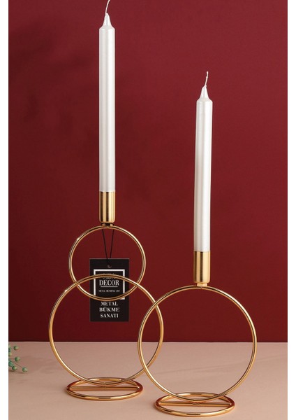 Ikili Gold Şamdan Mumluk Dekoratif Dekorasyon Paslanmaz Kaplama Dolu Demir 28 cm Glamor Zigon Sehpa