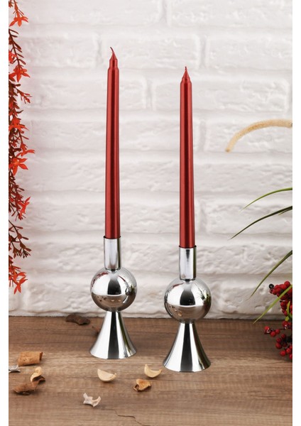 Pare 2'li Şamdan Seti Küçük Gümüş Renk Dekoratif Metal Mumluk