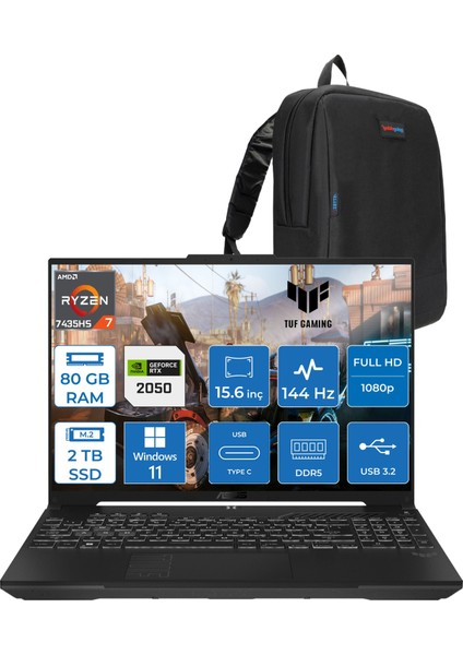 Tuf Gaming A15 FA506NFR Amd Ryzen 7 7435HS 80 GB 2tb SSD RTX2050 4 GB 15.6" Fhd IPS 144HZ Windows 11 Home Taşınabilir Bilgisayar HN012H27 + Zetta Çanta