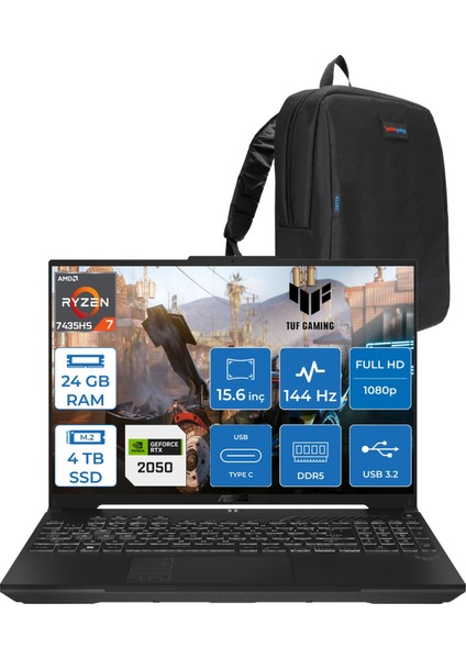 Tuf Gaming A15 FA506NFR Amd Ryzen 7 7435HS 24 GB Ddr5 4tb SSD RTX2050 4 GB 15.6" Fhd IPS 144HZ Freedos Taşınabilir Bilgisayar HN012F08 + Zetta Çanta