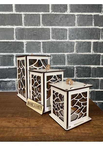 3'lü Mini Ahşap Dekoratif Süs Fener Seti Asimetrik Motif