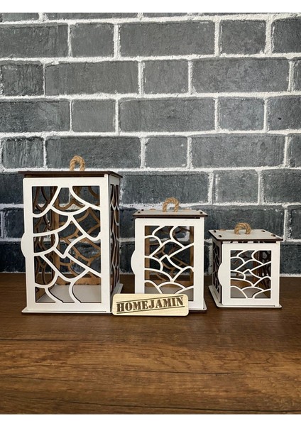 3'lü Mini Ahşap Dekoratif Süs Fener Seti Asimetrik Motif