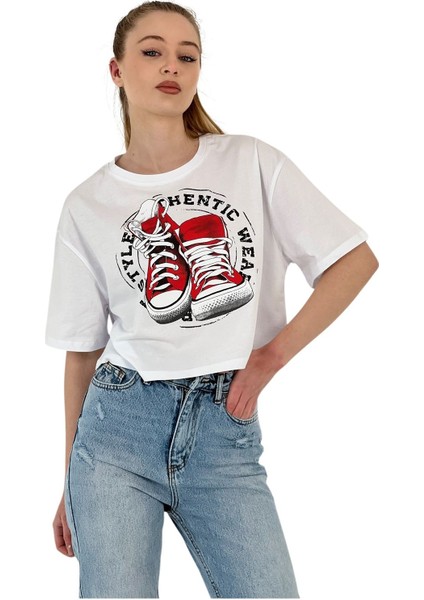 Kadın Oversize Baskılı Kısa Kol Beyaz Crop Tişört