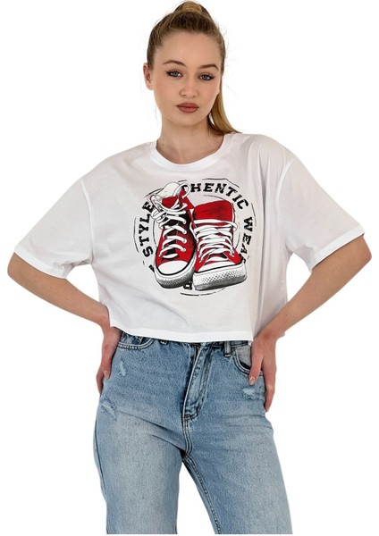 Kadın Oversize Baskılı Kısa Kol Beyaz Crop Tişört fiyatları