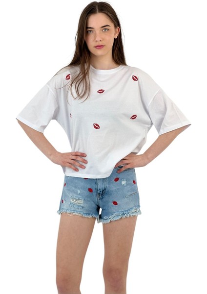 Kadın Dudak Desenli Oversize Basic Beyaz Tişört