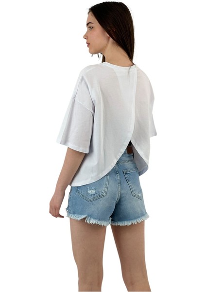 Kadın Dudak Desenli Oversize Basic Beyaz Tişört