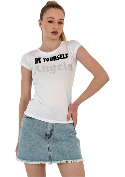 Kadın Angels Taşlı Baskı Kısa Kol Dar Beyaz Tişört fiyatları