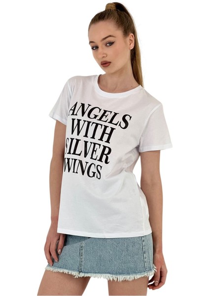 Kadın Angel Baskılı Kısa Kollu Yazlık Beyaz Tişört modelleri