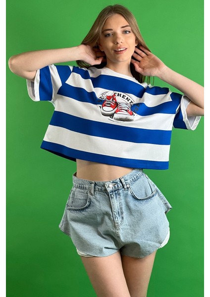 Çizgili Bisiklet Yaka Düşük Kol Dökümlü Bol Kesim Basic Kısa Crop T Shirt 100% Cotton