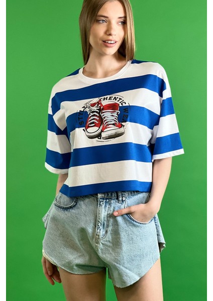 Çizgili Bisiklet Yaka Düşük Kol Dökümlü Bol Kesim Basic Kısa Crop T Shirt 100% Cotton modelleri