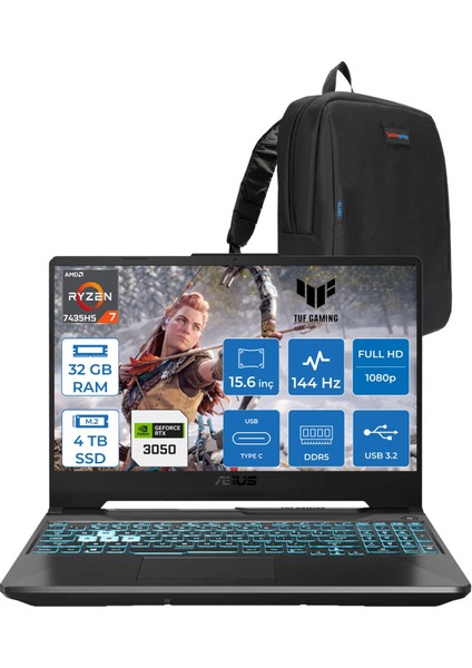 Tuf Gaming A15 FA506NCR Amd Ryzen 7 7435HS 32GB Ddr5 4tb SSD RTX3050 4gb 15.6" Fhd IPS 144HZ Freedos Taşınabilir Bilgisayar HN034F12 + Zetta Çanta