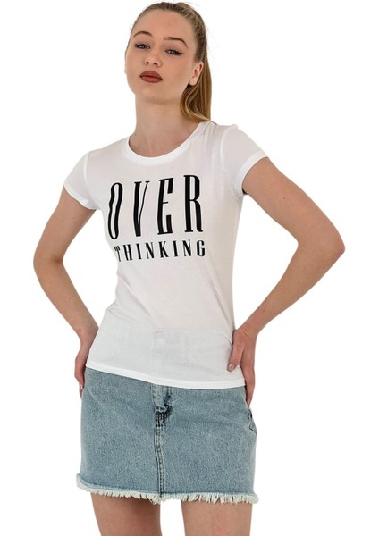 Kadın Thinking Baskılı Kısa Kollu Dar Beyaz Tişört